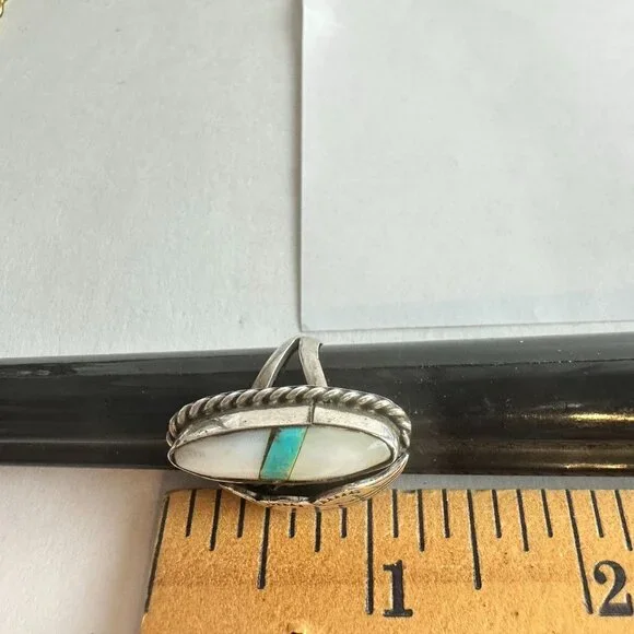 Sterling Silver Mother of Pearl Turquoise Ring Size 5.5 Signed BW - Picture 6 of 7